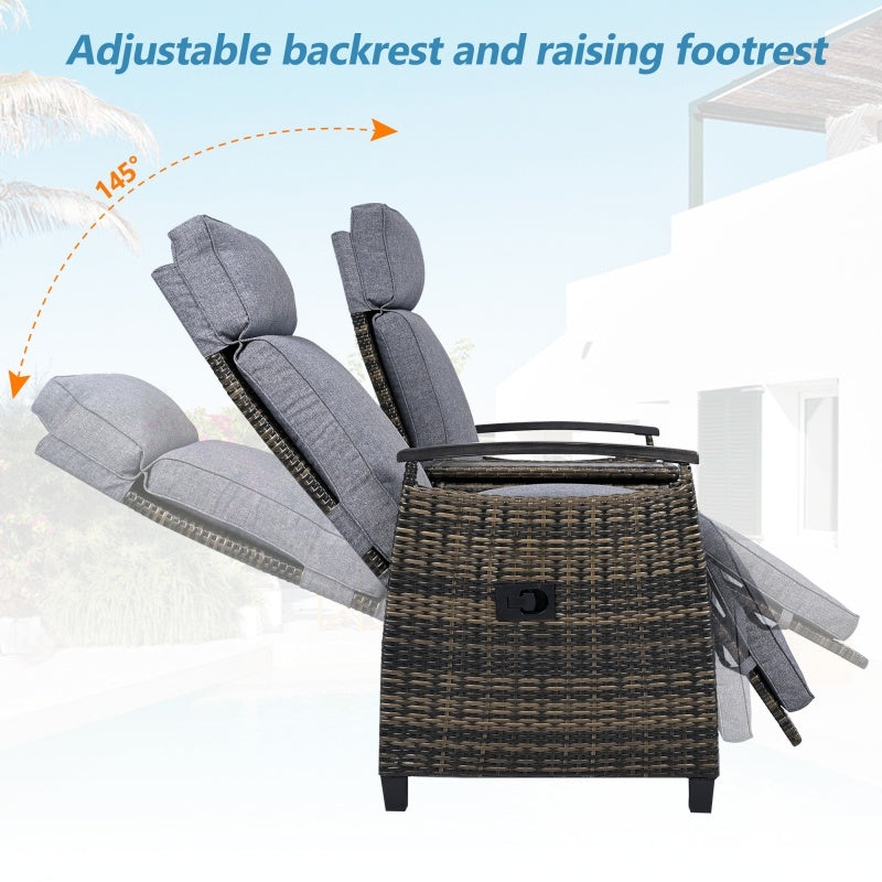 Terrace Lounge Chair Double Sofa, Adjustable Backrest Willow Outdoor Leisure Chair Set, Equipped With Acacia Wood Armrests And Built-in Storage Table, Gray.