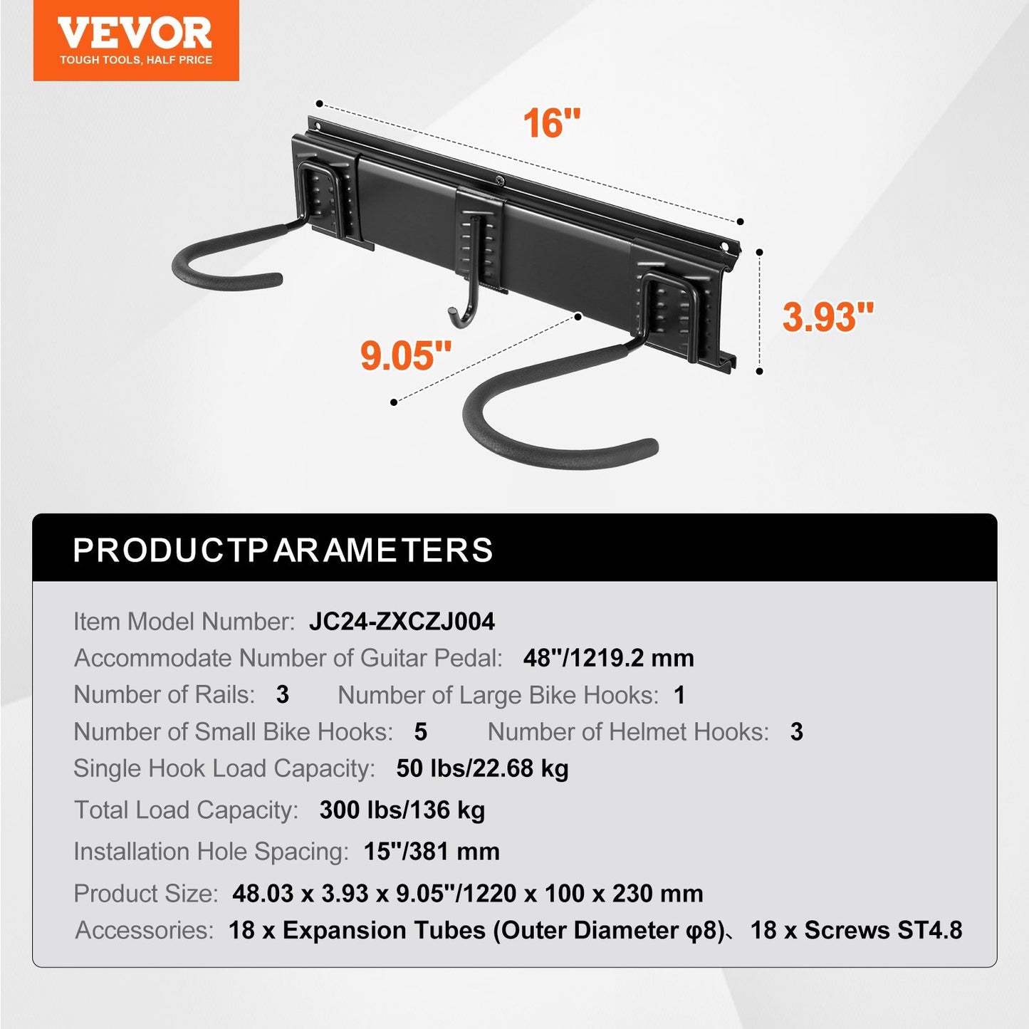 VEVOR Bike Storage Rack, 6 Bike Racks And 3 Helmets Hooks, Wall Mount Bike Storage Hanger, Home & Garage Organizer, Customizable For Various Bike Sizes, Adjustable Holder, Holds Up To 300 Lbs, 48-inch