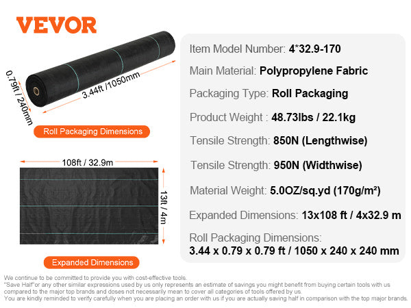 VEVOR 13FTx108FT Premium Heavy Duty Weed Barrier Landscape Fabric, 5OZ Woven Geotextile Fabric Under Gravel, High Permeability For Weed Blocker Weed Mat, Driveway Fabric, Weed Control Garden Cloth
