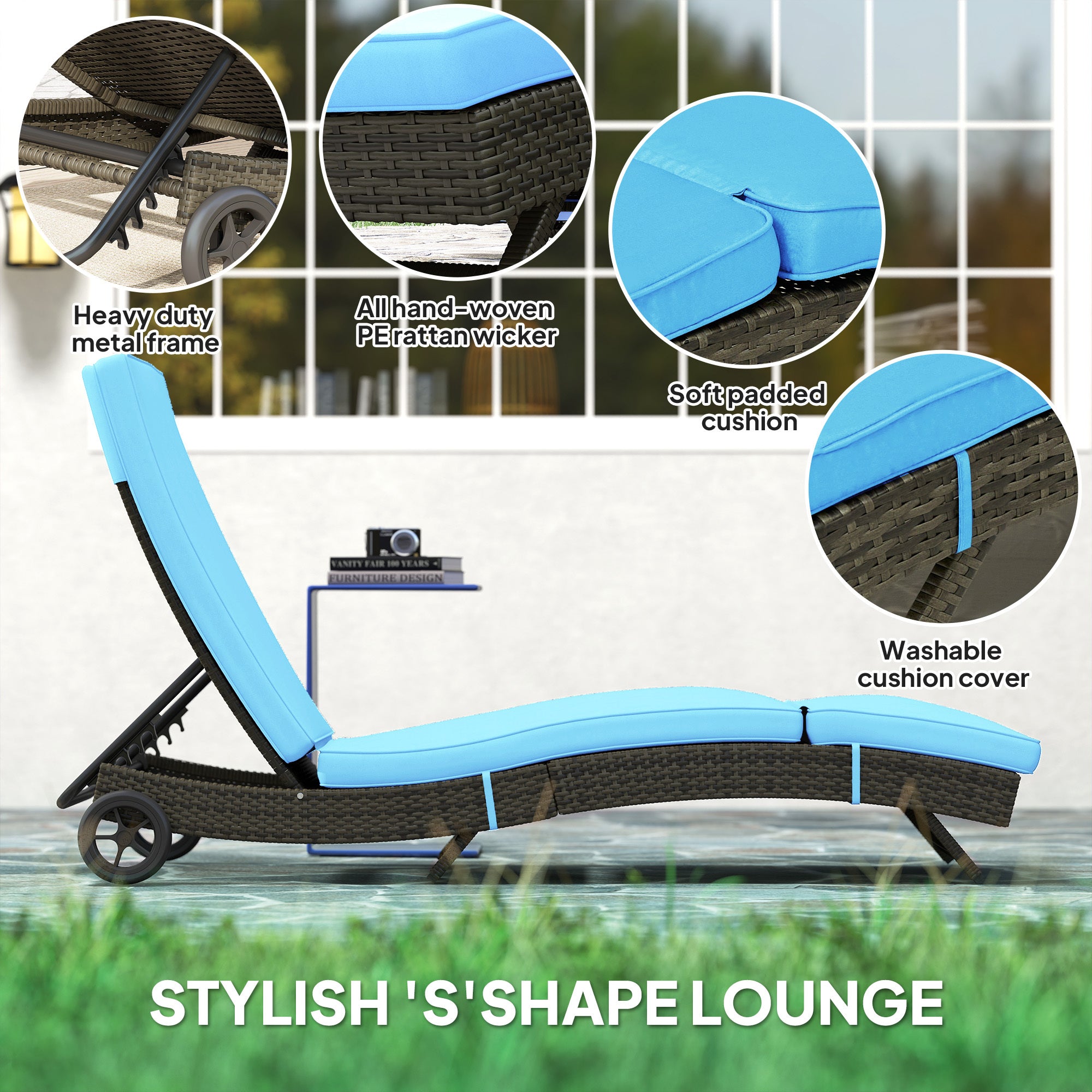 Patio Wicker Chaise Lounge Chair, Outdoor PE Rattan Sun Lounger With Adjustable Backrest And 2 Wheels, Sky Blue