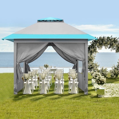 3x3m Light Blue White One Click Open Right Angle Belt With 4 Sides Of Surrounding Cloth, Double Roof Overhanging Eaves, 4 Corners With Sandbags, Folding Shed