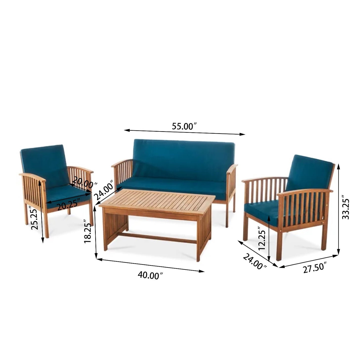 Outdoor Acacia Wood Sofa Set With Water Resistant Cushions, 4-Pcs Set, Brown Patina  Teal Blue