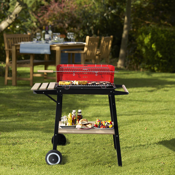 85X42X86cm Black And Red Four-Legged Wheeled Square Enamel Charcoal Oven