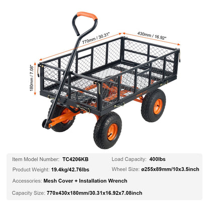 VEVOR Dump Cart, Metal Garden Dump Cart With Easy To Assemble Frame, Dump Wagon With 2-in-1 Convertible Handle, Utility Wheelbarrow 400 Lbs Capacity, 10 Inch Tires - Outdoor Chilling
