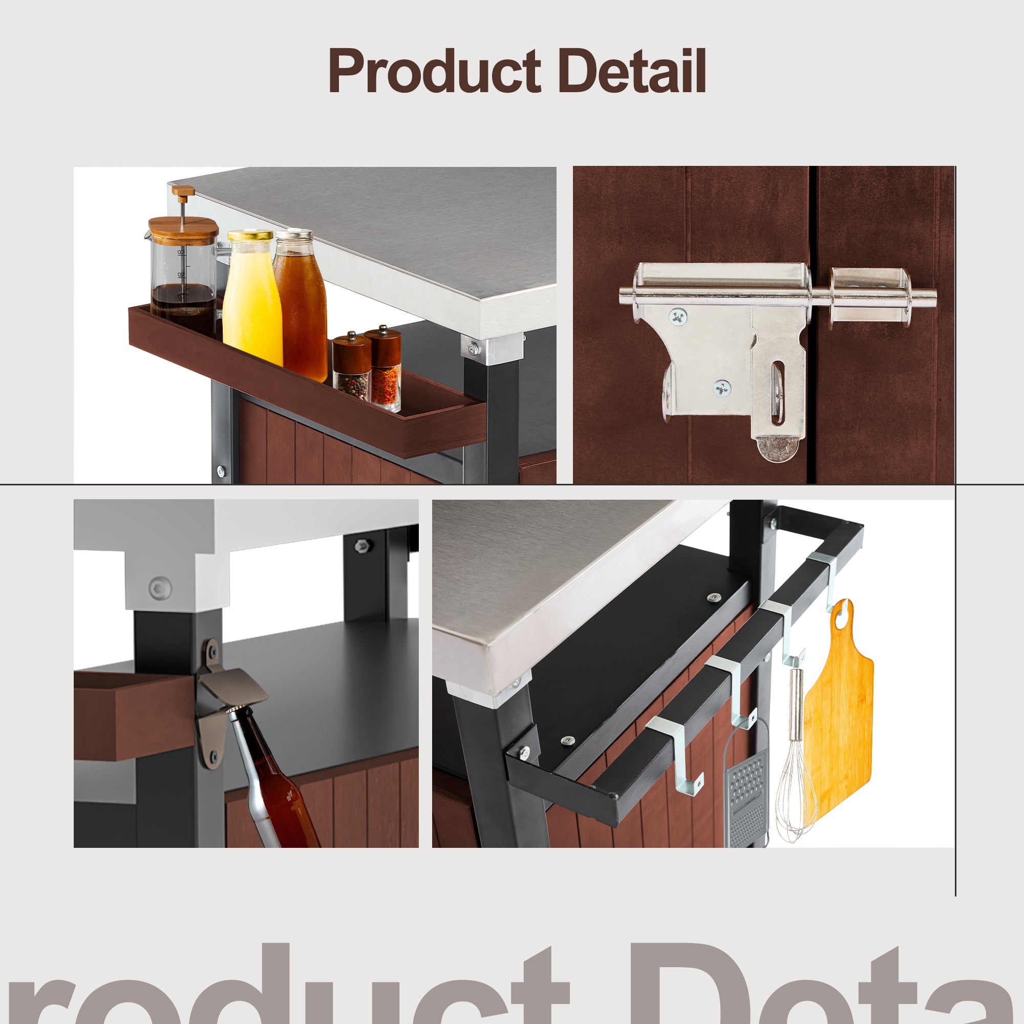 Outdoor Grill Cart With Stainless Steel Tabletop, Storage, Patio Kitchen Island With Wheels, Hooks, And Spice Rack, Waterproof Outdoor Grill Table, Movable BBQ Serving Cart Rolling Bar Cart