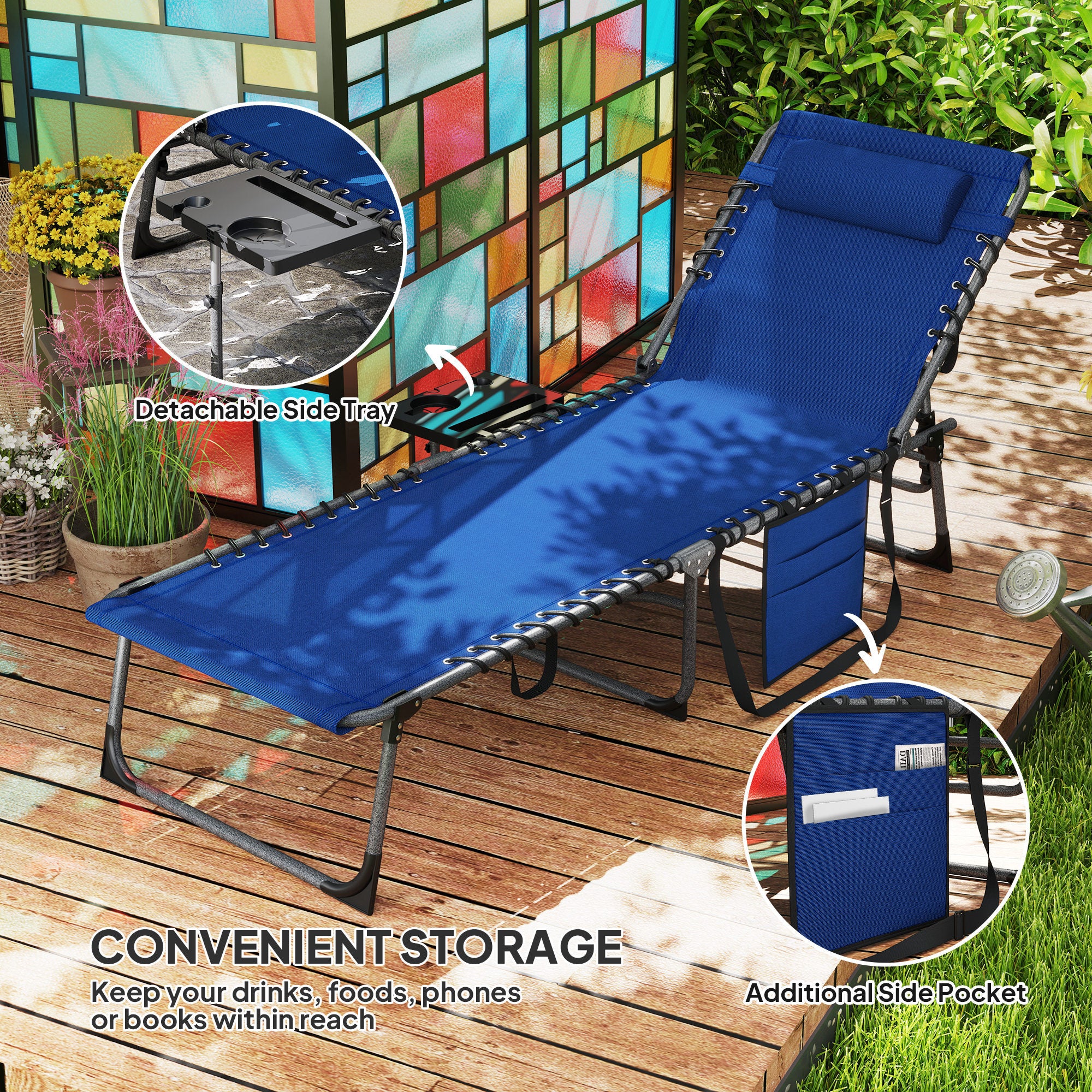 Folding Outdoor Chaise Lounge Chair Tanning Chair With 5-Level Adjustable Back, Side Table, Pillow, Pocket, Dark Blue