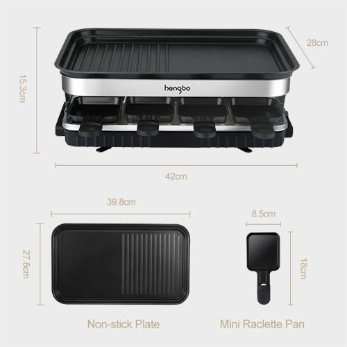 Raclette Grill 8 People Grill Plate Non-stick Coated, Raclette With 8 Mini Raclette Pans, Infinitely Adjustable Temperature, 1500W