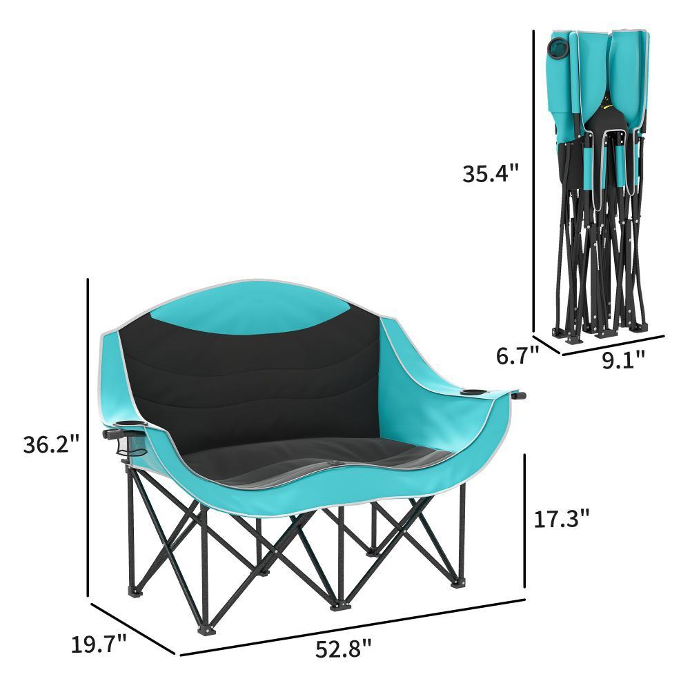 Padded Folding Camp Chair For Adults, Double Camping Chair With Armrests, Cup Holders, Carry Bag For Outdoor, Green
