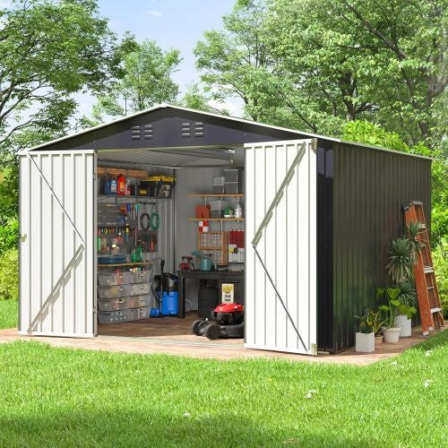 Outdoor Sheds 8FT X 10FT  Outdoor Storage Clearance, Metal Anti-Corrosion Utility Tool House With Lockable Door & Shutter Vents, Waterproof Storage Garden Shed For  Lawn Patio