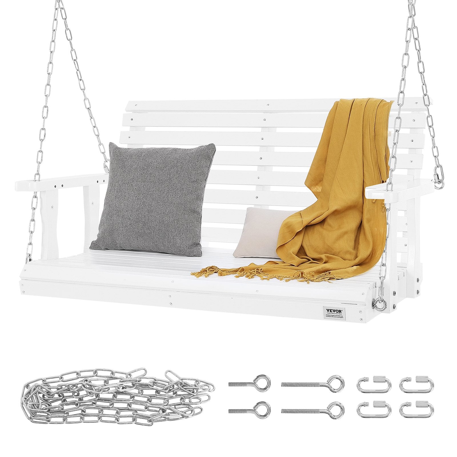 VEVOR Wooden Porch Swing 4 Ft, Patio Bench Swing For Courtyard & Garden, Upgraded 880 Lbs Strong Load Capacity, Heavy Duty Swing Chair Bench With Hanging Chains For Outdoors, White