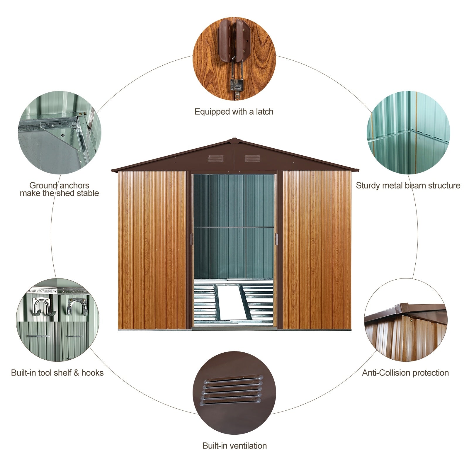 10ft X 8ft Outdoor Metal Storage Shed With Metal Floor Base, Coffee