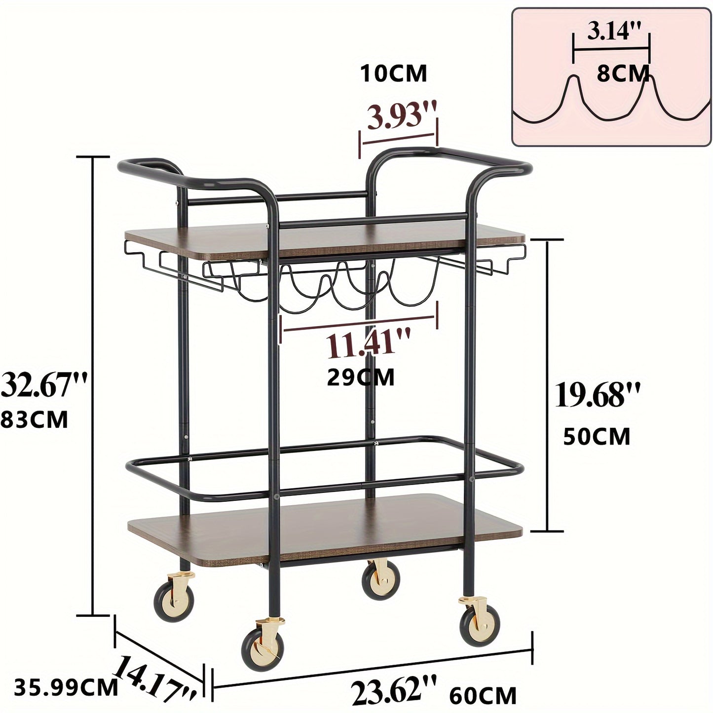 2 Tier Bar Cart With Wheels, Serving Cart With Wheels And 2 Handles, Home Outdoor Bar Cart With Wine Rack And Glass Holder, Kitchen Serving Cart For Home, Restaurant, Party, Black