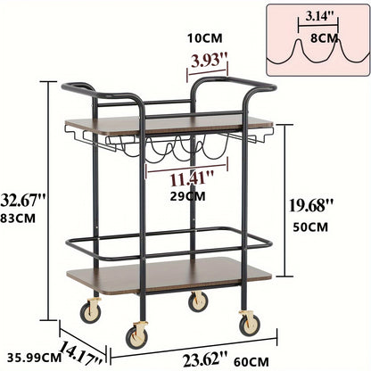 2 Tier Bar Cart With Wheels, Serving Cart With Wheels And 2 Handles, Home Outdoor Bar Cart With Wine Rack And Glass Holder, Kitchen Serving Cart For Home, Restaurant, Party, Black