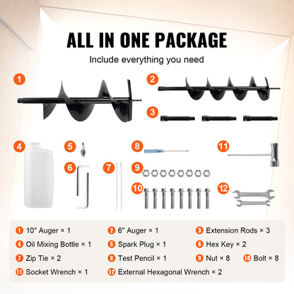 VEVOR Post Hole Digger, 52cc 1450W Auger Post Hole Digger, Gas Powered Earth Digger With Two Earth Auger Drill Bit3 Extension Rods, For Farmland, Garden And Plant, EPA Certification - Outdoor Chilling