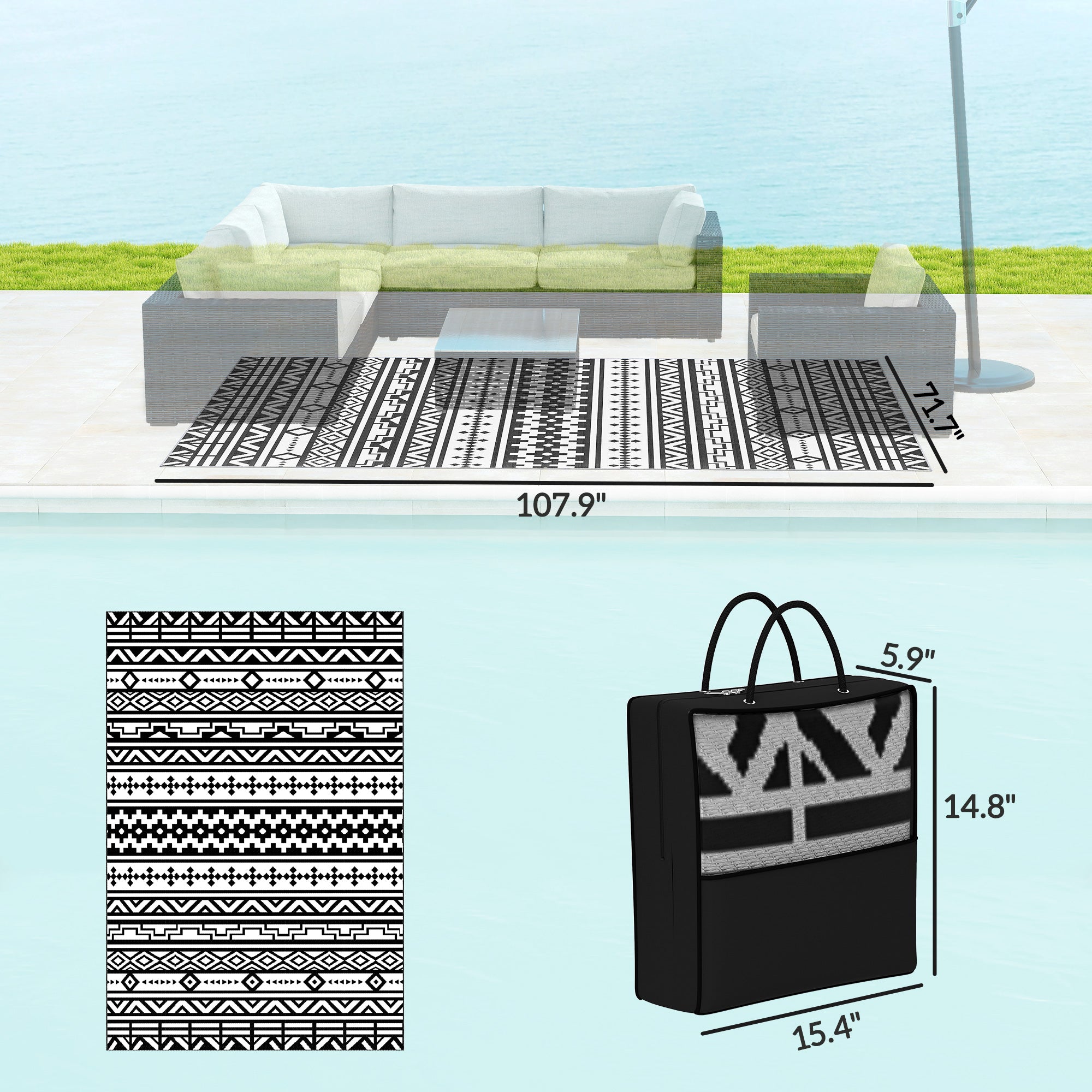 Reversible Outdoor Rug, Waterproof Plastic Straw With Carry Bag, 6 X 9, Black & White Geometric Wall