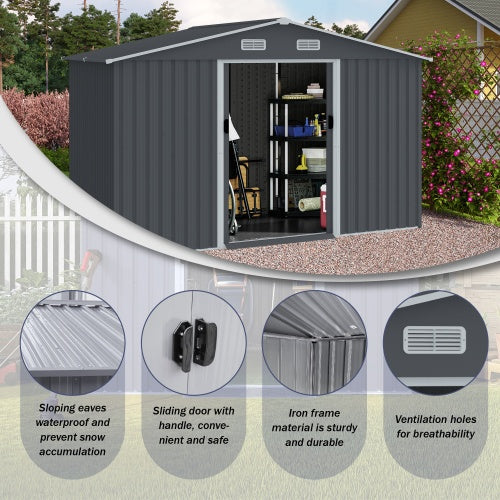 Outdoor Storage Shed 8 X 10 FT Large Metal Tool Sheds Heavy Duty Storage House With Sliding Doors With Air Vent For Patio Lawn To Store Bikes Tools, Lawnmowers Grey