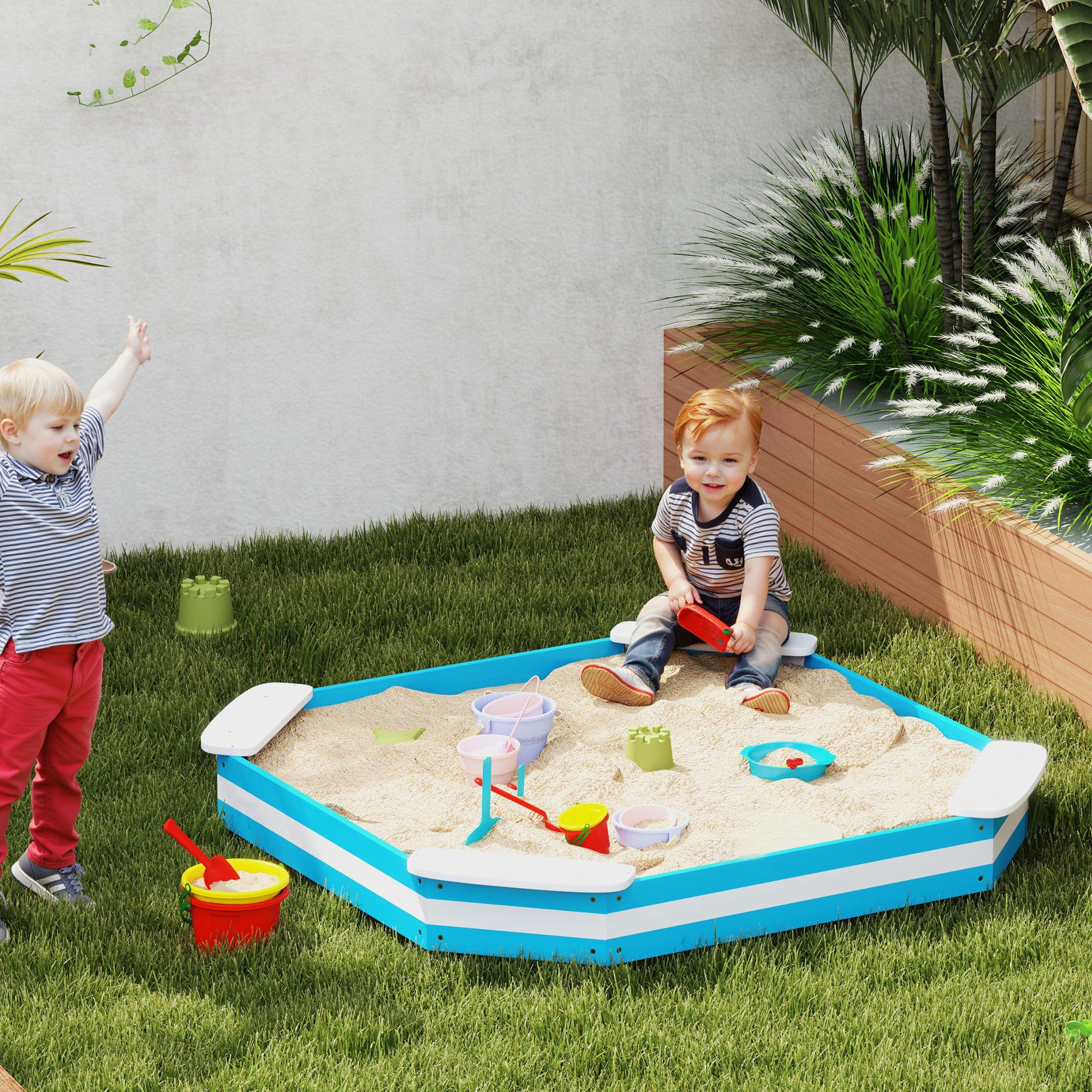Kids Sandbox With 4 Corner Seats, Bottom Liner For Backyard, Garden, Outdoor, 52 X 52 X 6, Blue