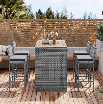 5-Piece Outdoor Patio Wicker Bar Set With Bar Height Chairs & Non-Slip Feet