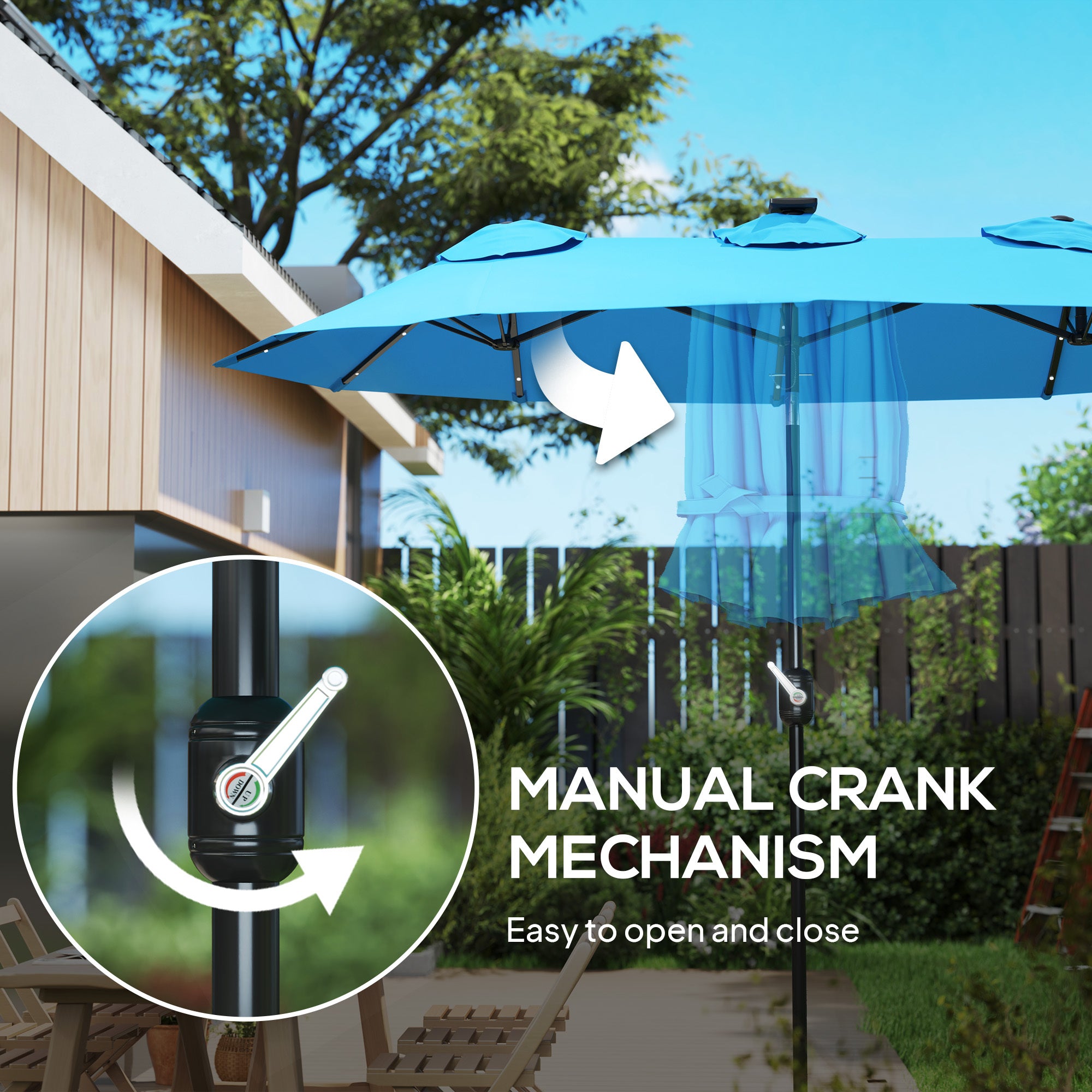 Double-sided Patio Umbrella, 9.7 Outdoor Umbrella With Tilt And Crank, LED Solar Light And 12 Ribs, Light Blue