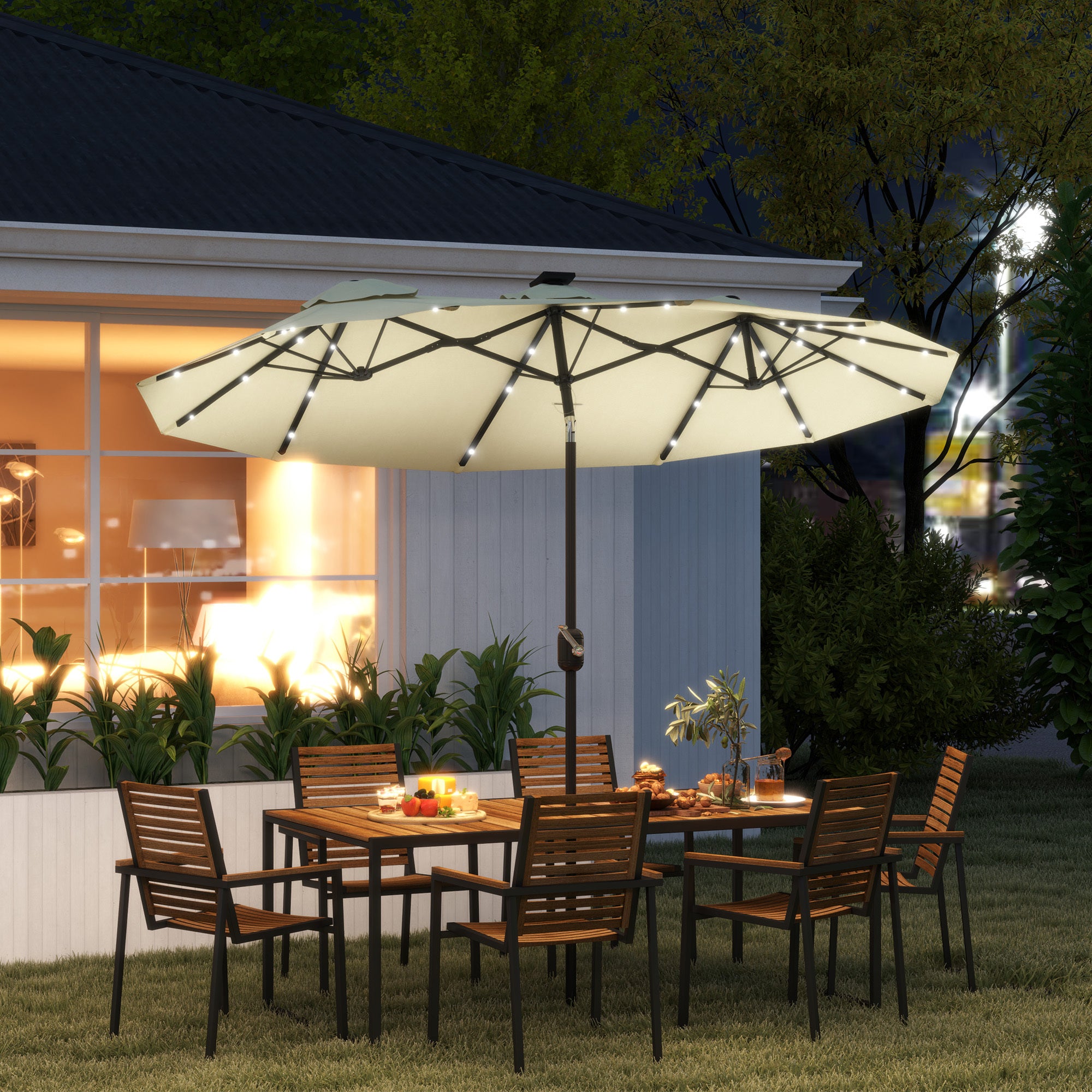Double-sided Patio Umbrella, 9.7 Outdoor Umbrella With Tilt And Crank, LED Solar Light And 12 Ribs, Cream White