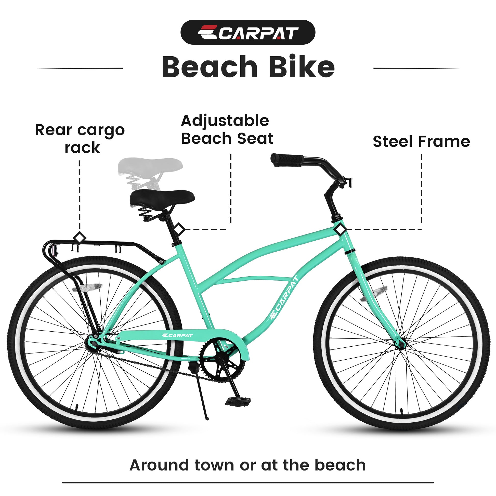 S26204 26 Inch Beach Cruiser Bike For Men And Women, Steel Frame, Single Speed Drivetrain, Upright Comfortable Rides, Multiple Colors - Outdoor Chilling