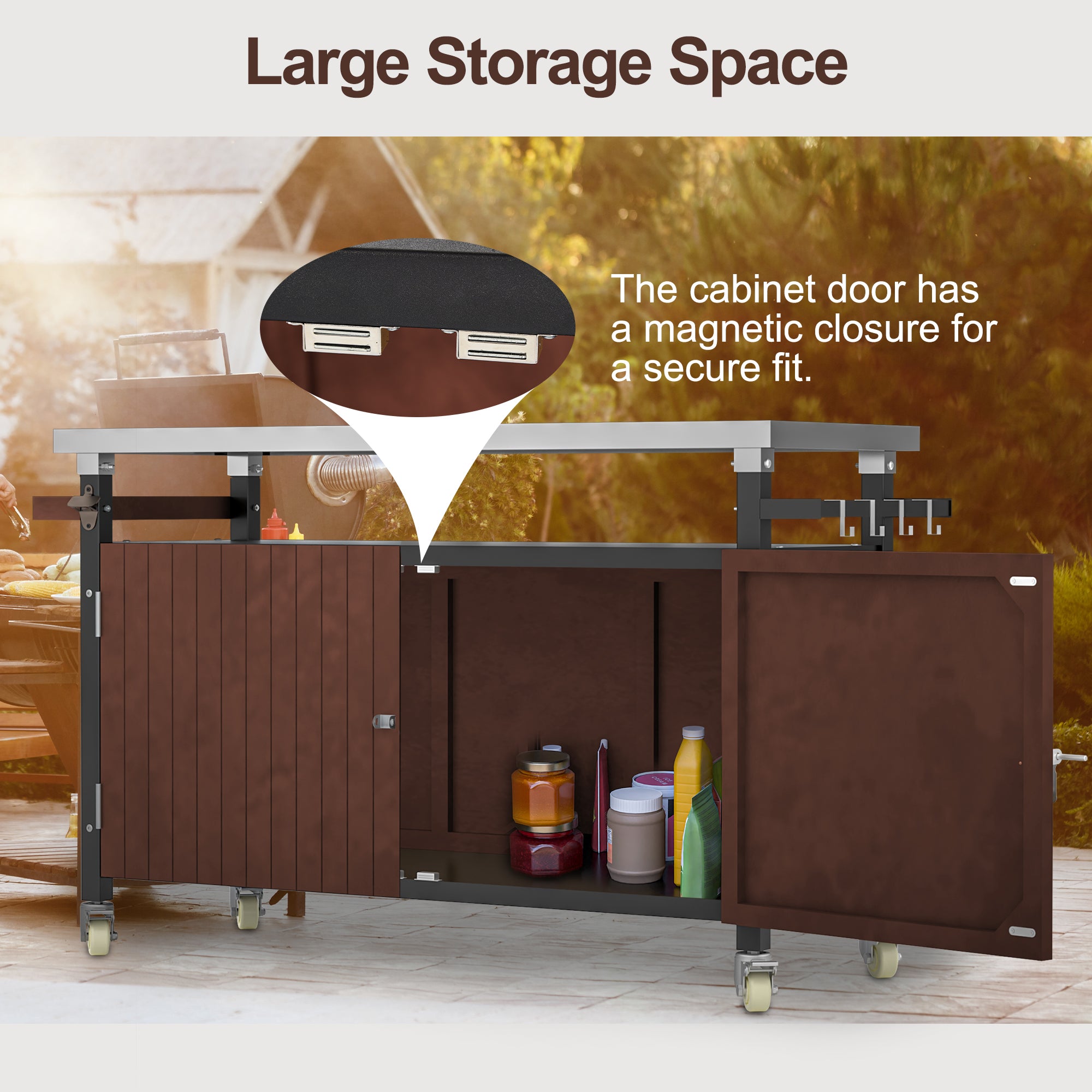 Outdoor Grill Cart With Stainless Steel Tabletop, Storage, Patio Kitchen Island With Wheels, Hooks, And Spice Rack, Waterproof Outdoor Grill Table, Movable BBQ Serving Cart Rolling Bar Cart