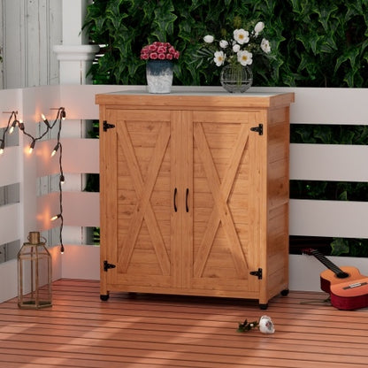 Potted Stool With Locker And Metal Tabletop For Outdoor Patio, Outdoor Workstation Table