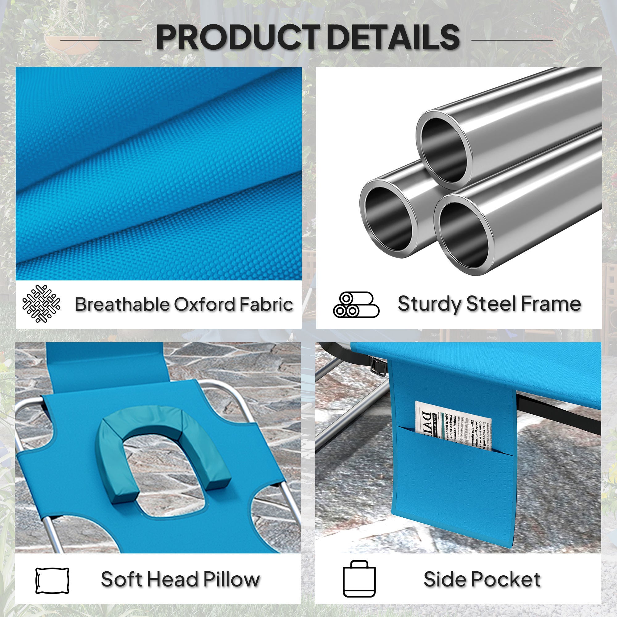 Folding Outdoor Chaise Lounge Sun Tanning Chair With Face Cavity, Pillow, 5-level Adjustable For Beach, Pool, Light Blue