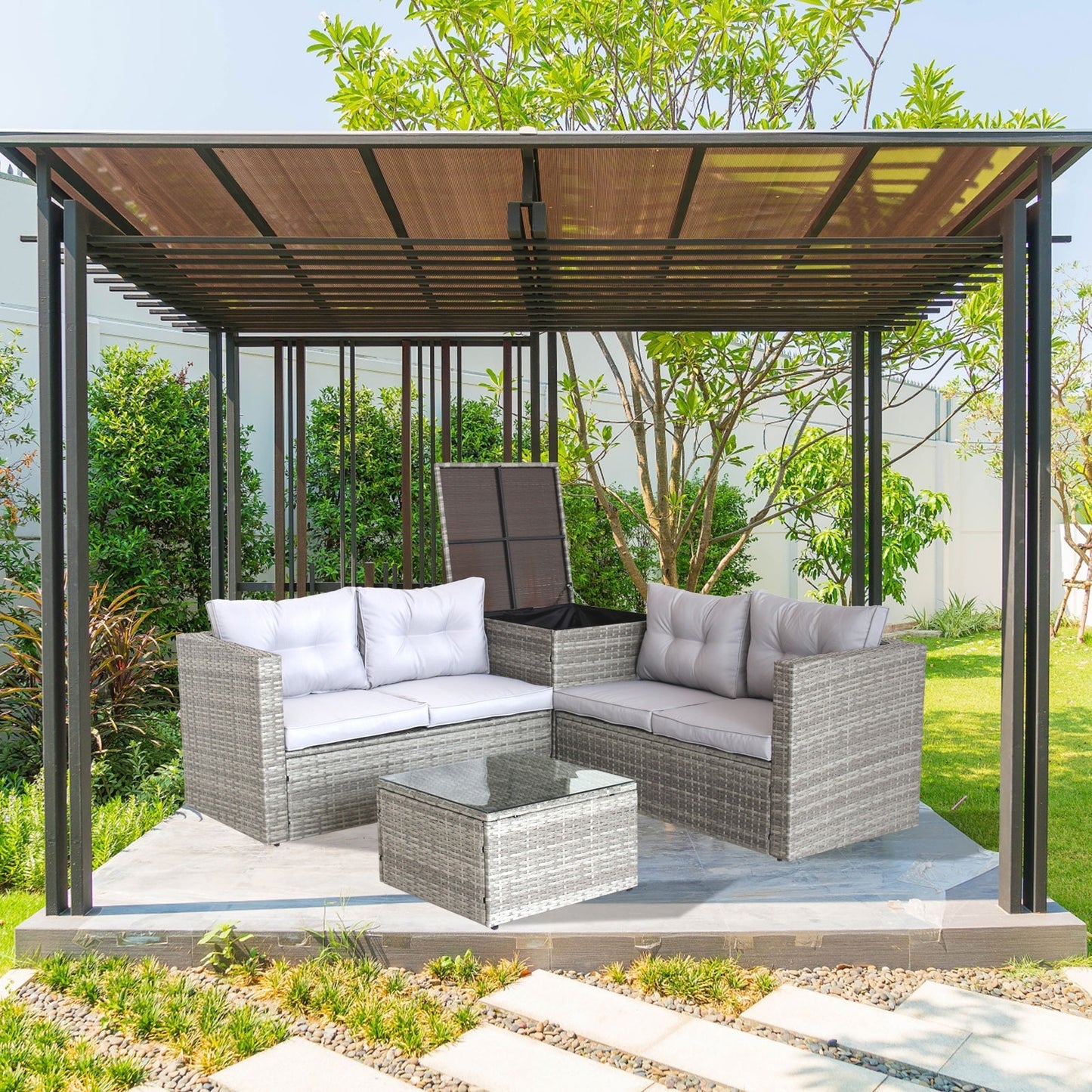 4Pc Patio Sectional Wicker Rattan Sofa Set W/Storage Box Grey
