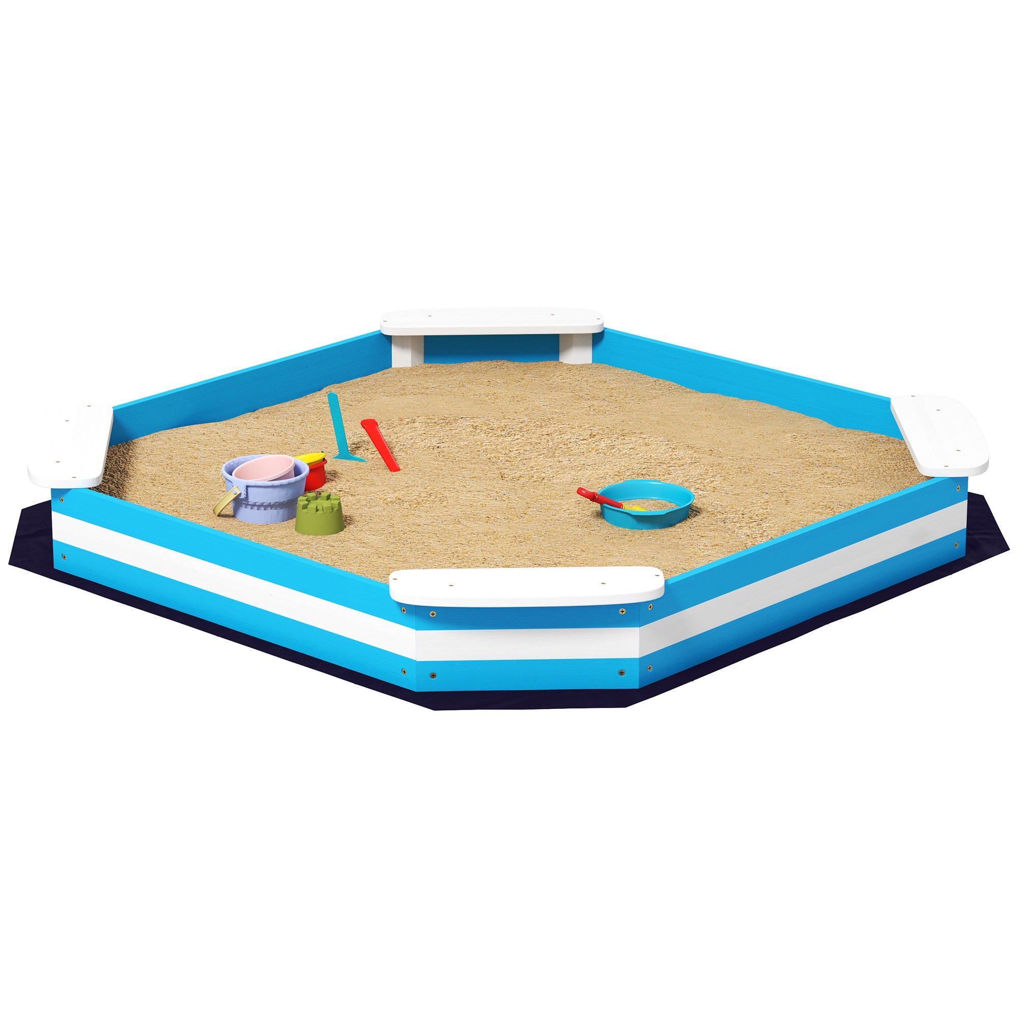 Kids Sandbox With 4 Corner Seats, Bottom Liner For Backyard, Garden, Outdoor, 52 X 52 X 6, Blue