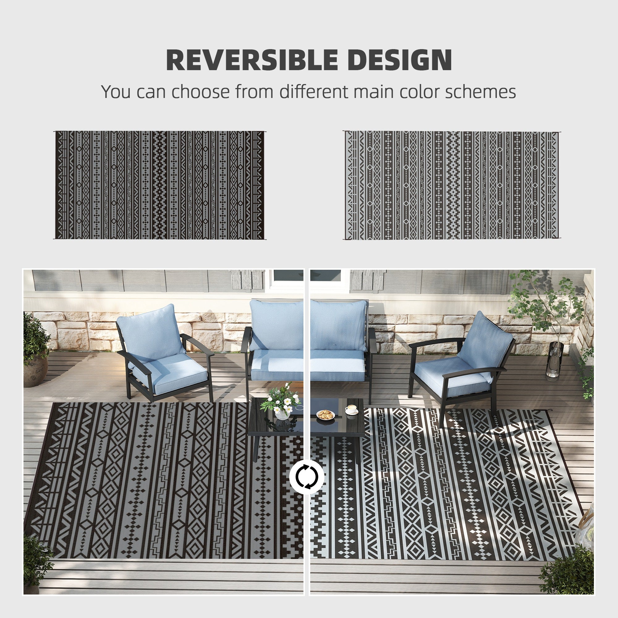 Reversible Outdoor Rug, Waterproof Plastic Straw With Carry Bag, 9 X 18, Black & Gray Geometric Wall