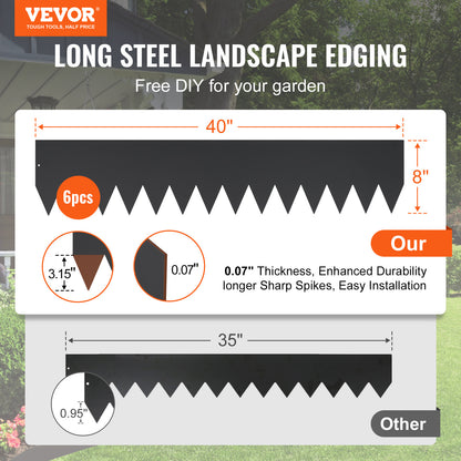 VEVOR Steel Landscape Edging, 6-pack Steel Garden Edging Borders, Strips, Hammer-in Edging Border With 8 Clips, Bendable Metal Landscape Edging For Yard, Garden, Lawn