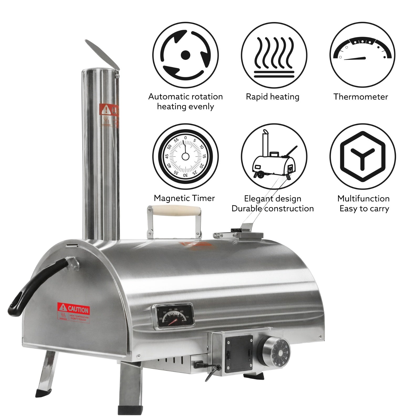 Outdoor 12 Automatic Rotatable Wood Fired Pizza Oven, Stainless Steel Portable
