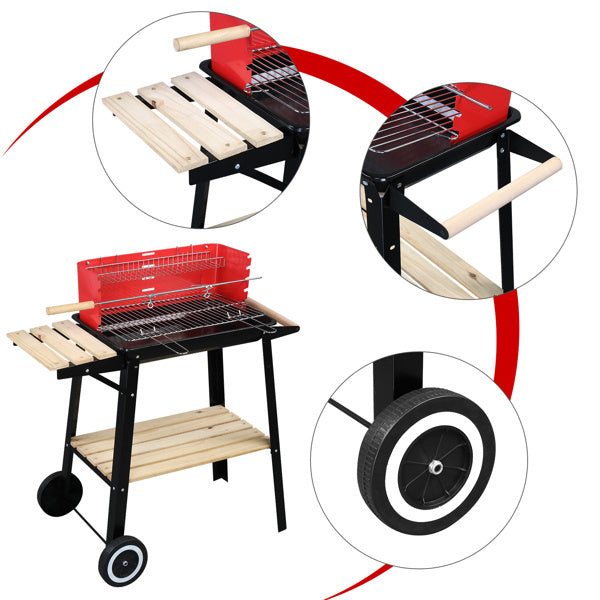 85X42X86cm Black And Red Four-Legged Wheeled Square Enamel Charcoal Oven