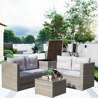 4Pc Patio Sectional Wicker Rattan Sofa Set W/Storage Box Grey