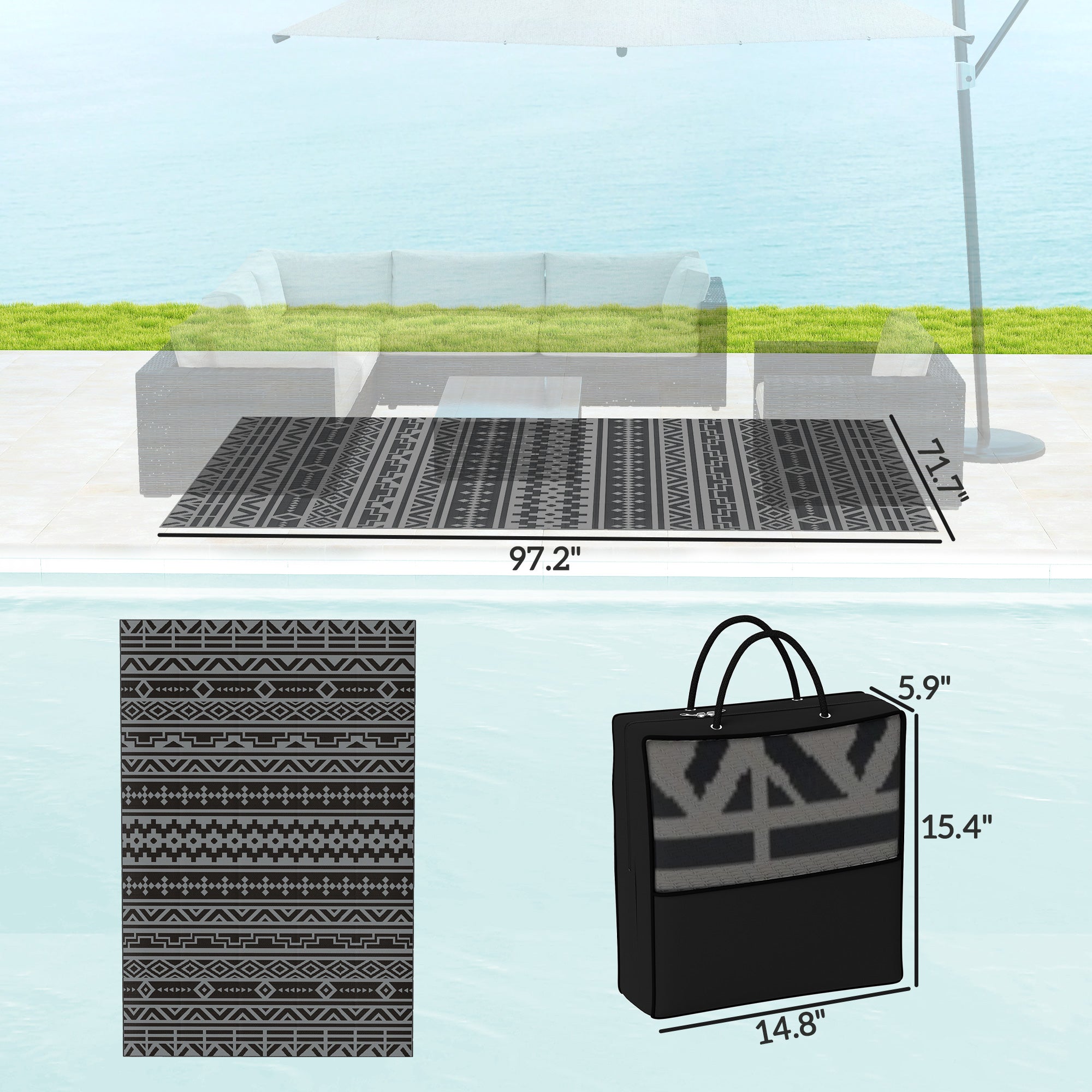 Reversible Outdoor Rug, Waterproof Plastic Straw With Carry Bag, 6 X 9, Black & Gray Geometric Wall