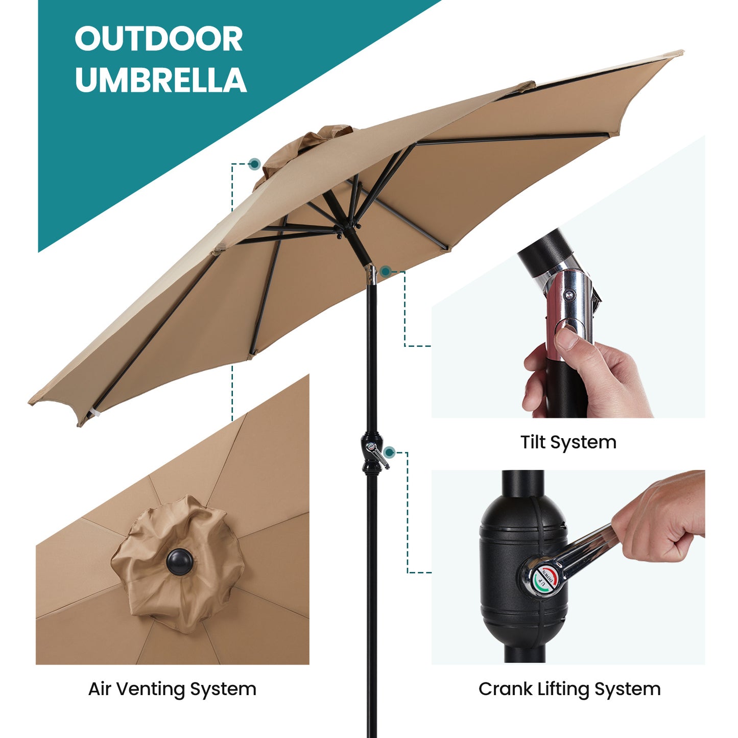 Outdoor Patio Umbrella With Push Button Tilt And Crank, Market Umbrella 8 Sturdy Ribs UV Protection Waterproof For Garden, Backyard, Red