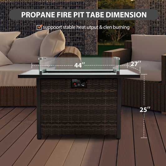 Outdoor Fire Pit 50000 BTU Propane Gas Fire Table With Lid Fireplace With Glass Windproof Willow Base Suitable For Gardens, Terraces, Backyards, 44 Inches - Outdoor Chilling