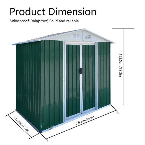 6FTx4FT Apex Roof Green Outdoor Tool Storage House Garden Shed With Aluminum Alloy Frame And Sliding Door