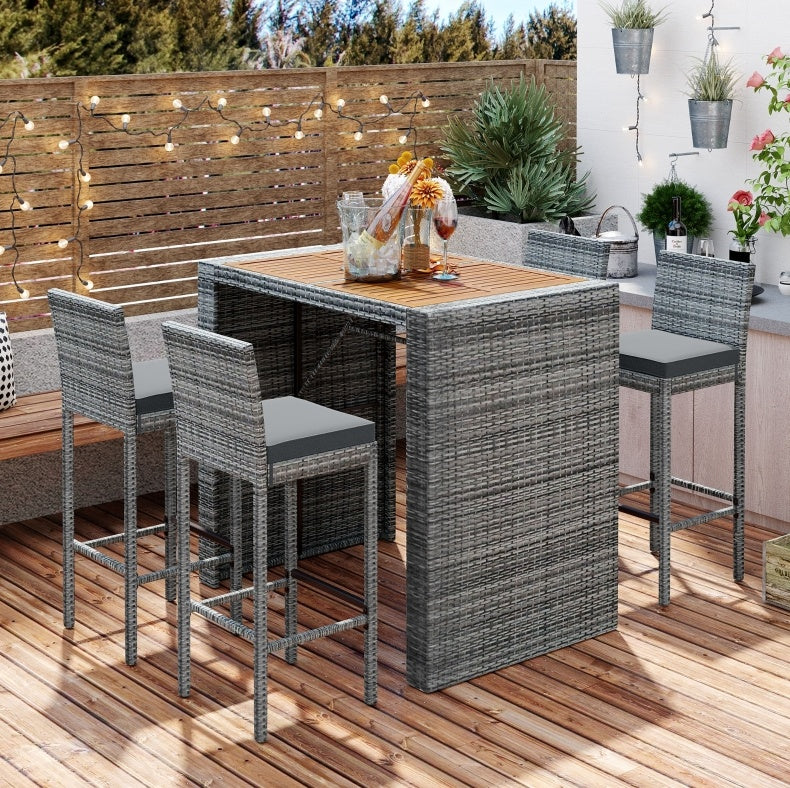 5-Piece Outdoor Patio Wicker Bar Set With Bar Height Chairs & Non-Slip Feet - Outdoor Chilling
