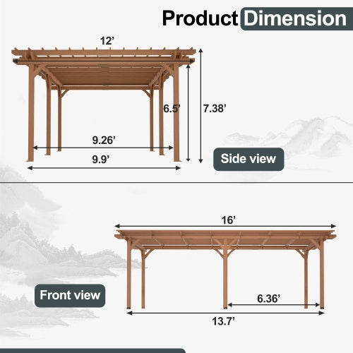 12 X 16 Outdoor Gazebo Wooden Grape Pergola For Climbing Plant Support, Garden, Terrace, Backyard, Deck, Brown