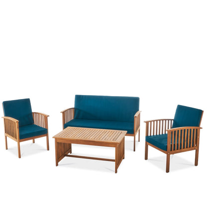 Outdoor Acacia Wood Sofa Set With Water Resistant Cushions, 4-Pcs Set, Brown Patina  Teal Blue