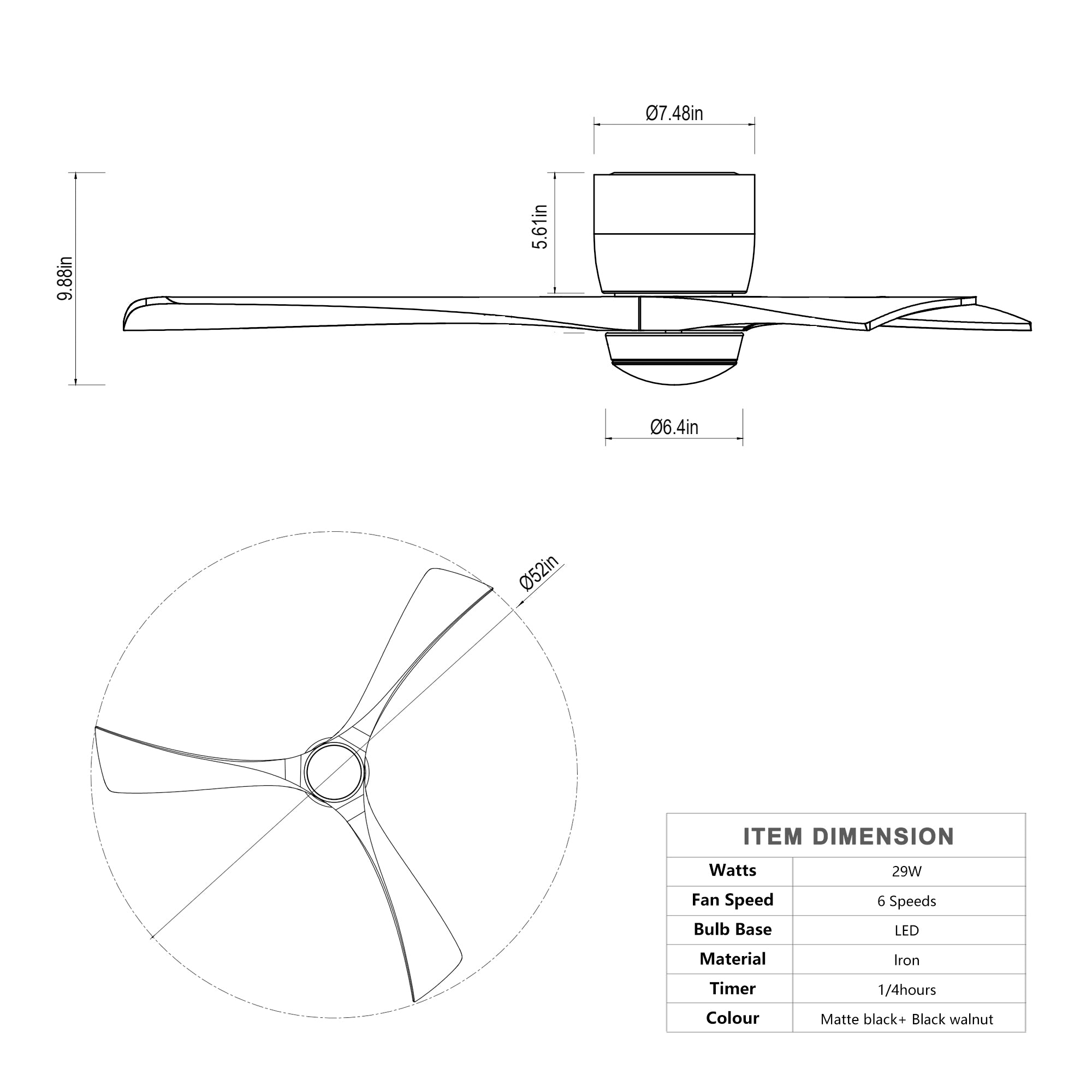 Ceiling Fan With Lights Remote Control, Quiet DC Motor 3 Blade Ceiling Fans 6 Speed Levels, Reversible Ceiling Fan, For Patio Living Room, Bedroom, Office, Indoor Matte Black Walnut