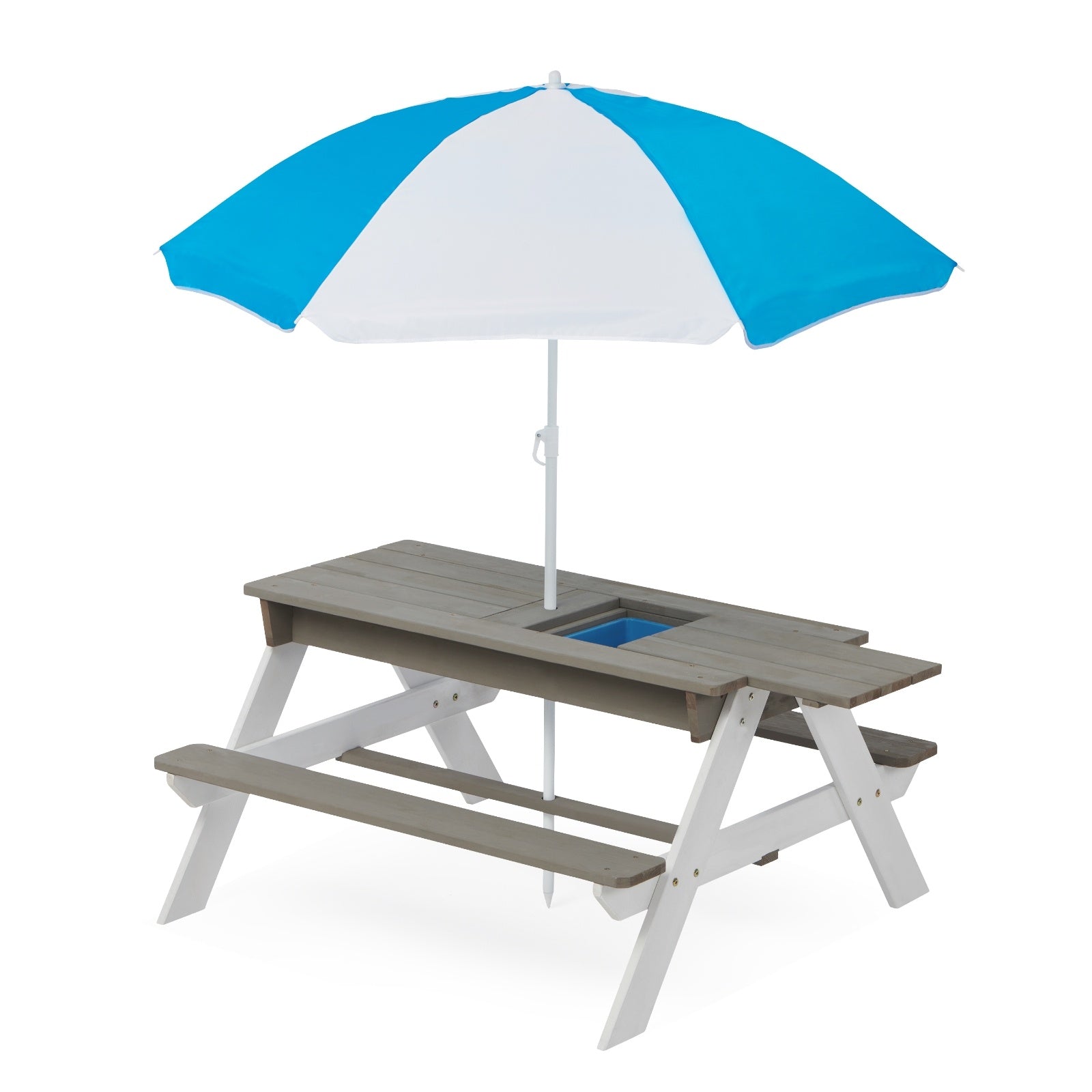 3-in-1 Kids Outdoor Wooden Picnic Table With Umbrella, Sand & Water, Gray ASTM