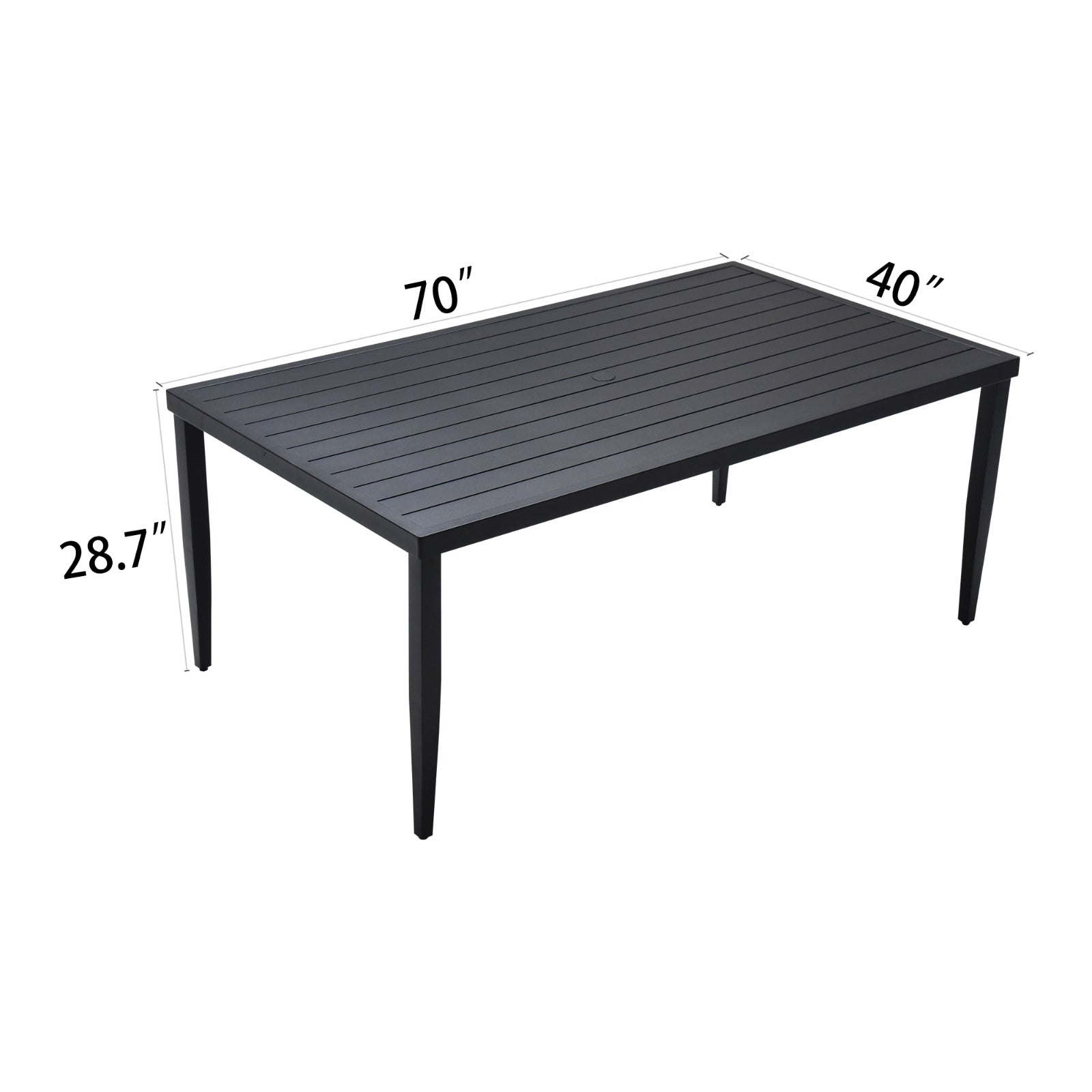 Outdoor Patio Aluminum 40x70 Rectangle Dining Table With Tapered Feet  Umbrella Hole, Ember Black