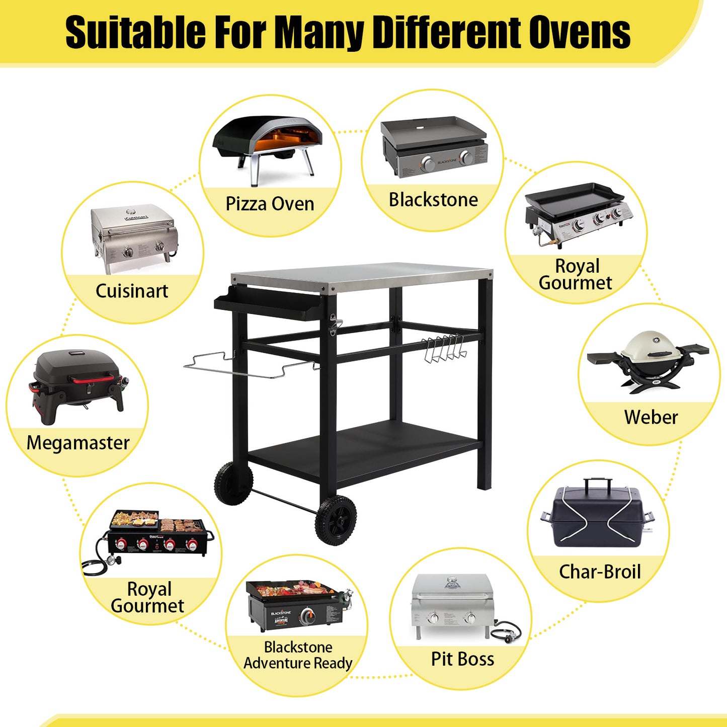 112x59x82cm, Stainless Steel Top, Without Basket, Removable, Barbecue Cart