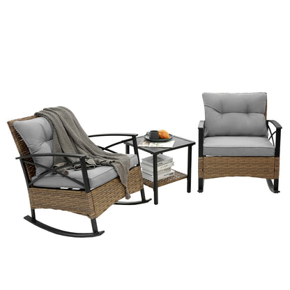 3pcs Rattan Rocking Chair Set Outdoor Leisure Grey