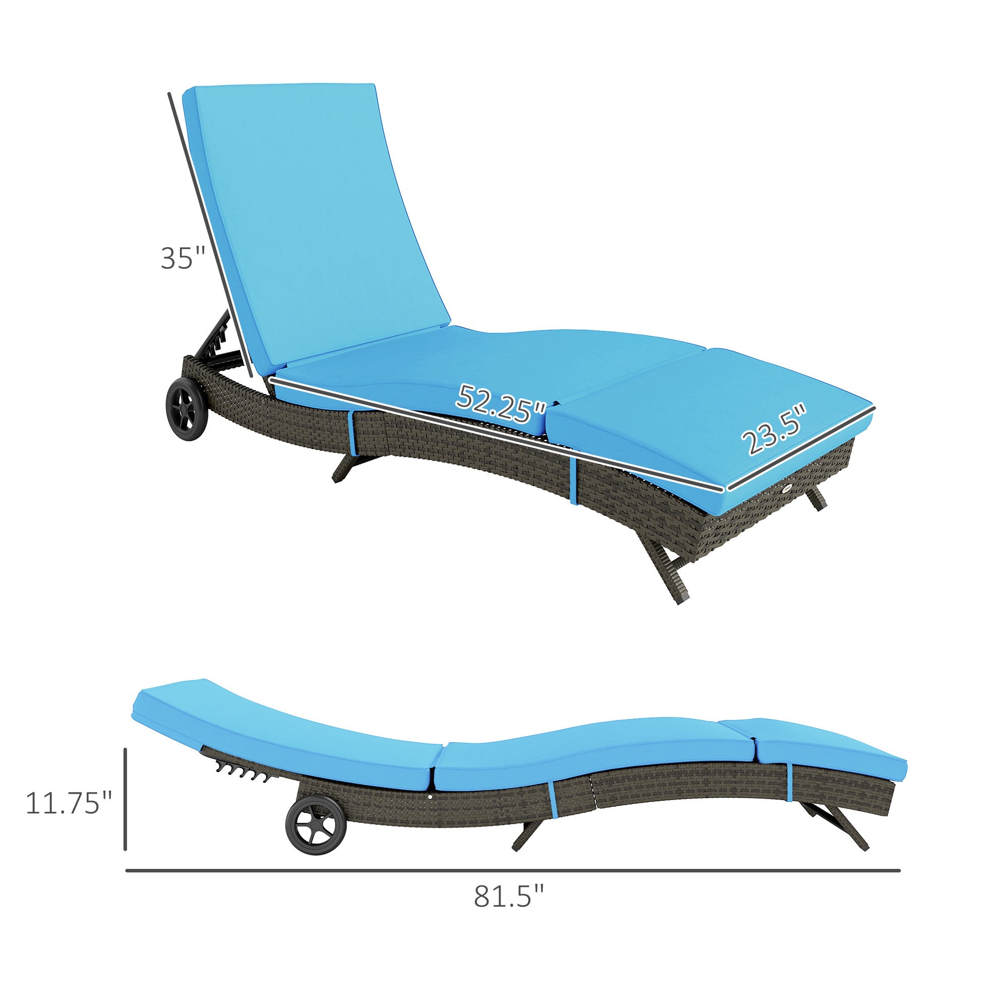 Patio Wicker Chaise Lounge Chair, Outdoor PE Rattan Sun Lounger With Adjustable Backrest And 2 Wheels, Sky Blue