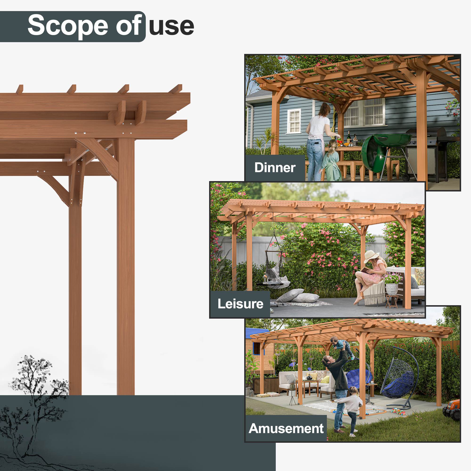 Outdoor Wood Pergola, Wooden Patio Pergola Gazebo For Climbing Plant Support, Garden, Brown