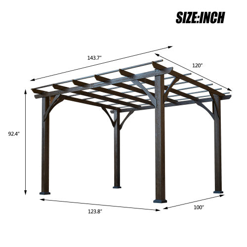 12' X 10' Outdoor Pergola, Wood Grape Gazebo For Climbing Plant Support, Garden, Patio, Backyard, Deck, Brown